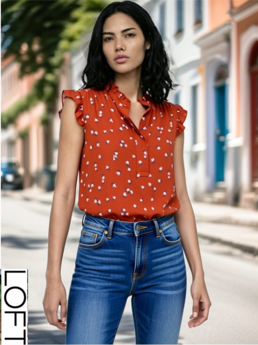 LOFT Floral Ruffle Sleeve Blouse - Rust